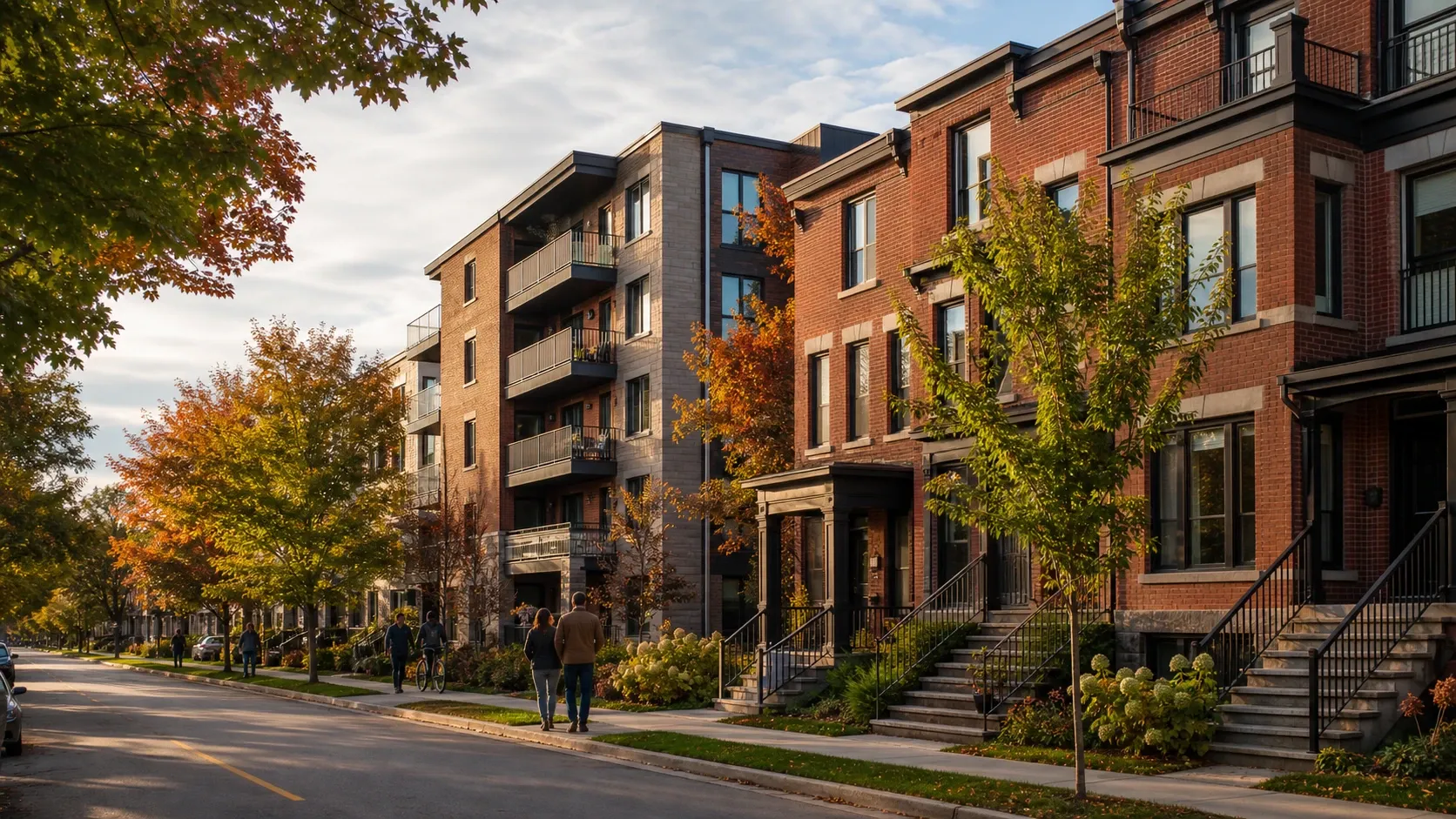 Ottawa street with red-brick townhouses and contemporary apartments in autumn